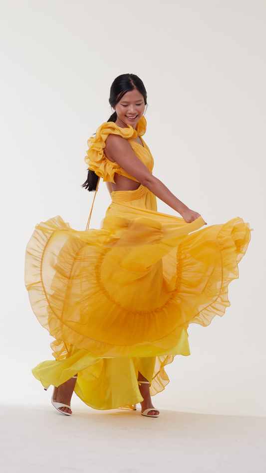 Vestido Amarelo Festa Flores 3D - Mac Duggal